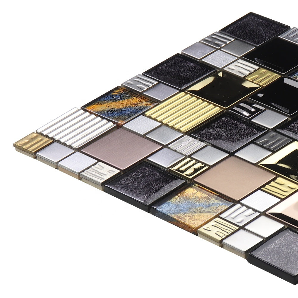 Gạch mosaic thủy tinh ốp tường bếp và tường sảnh, hỗn hợp kính lấp lánh màu, kim loại vàng và thép không gỉ