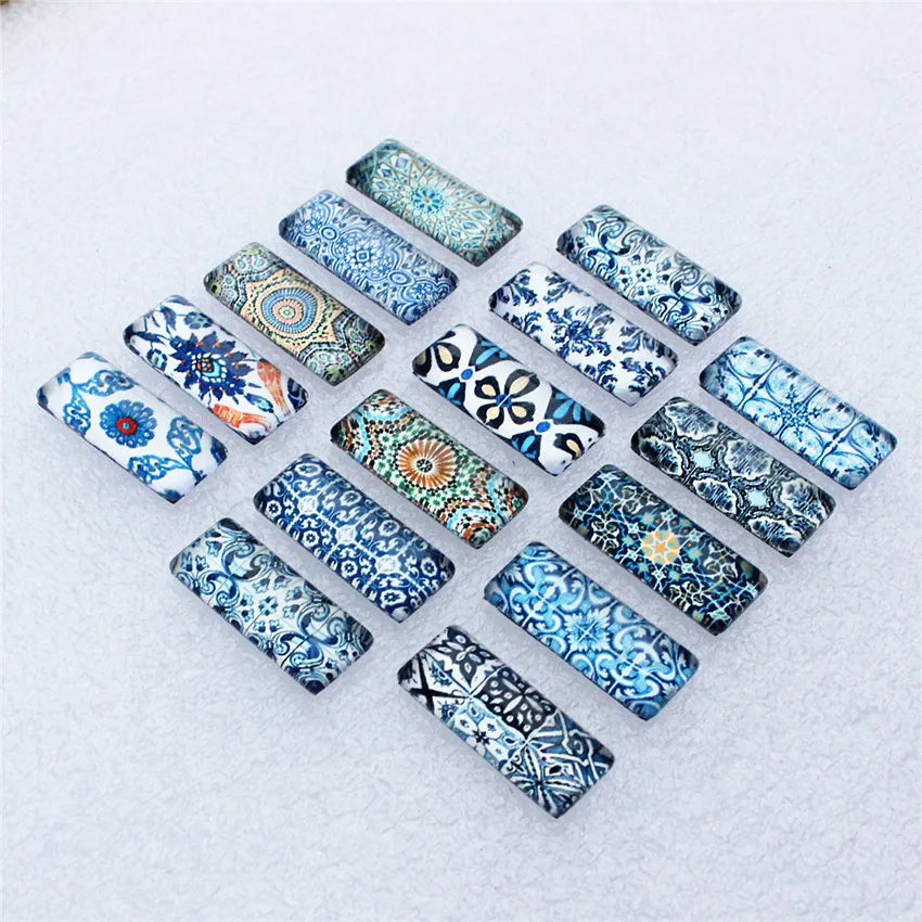 10x25mm Random Mixed Blue and white Porcelain Rectangle Glass Cabochon Dome Flatback Photo DIY Accessories 10pcs/lot K06035