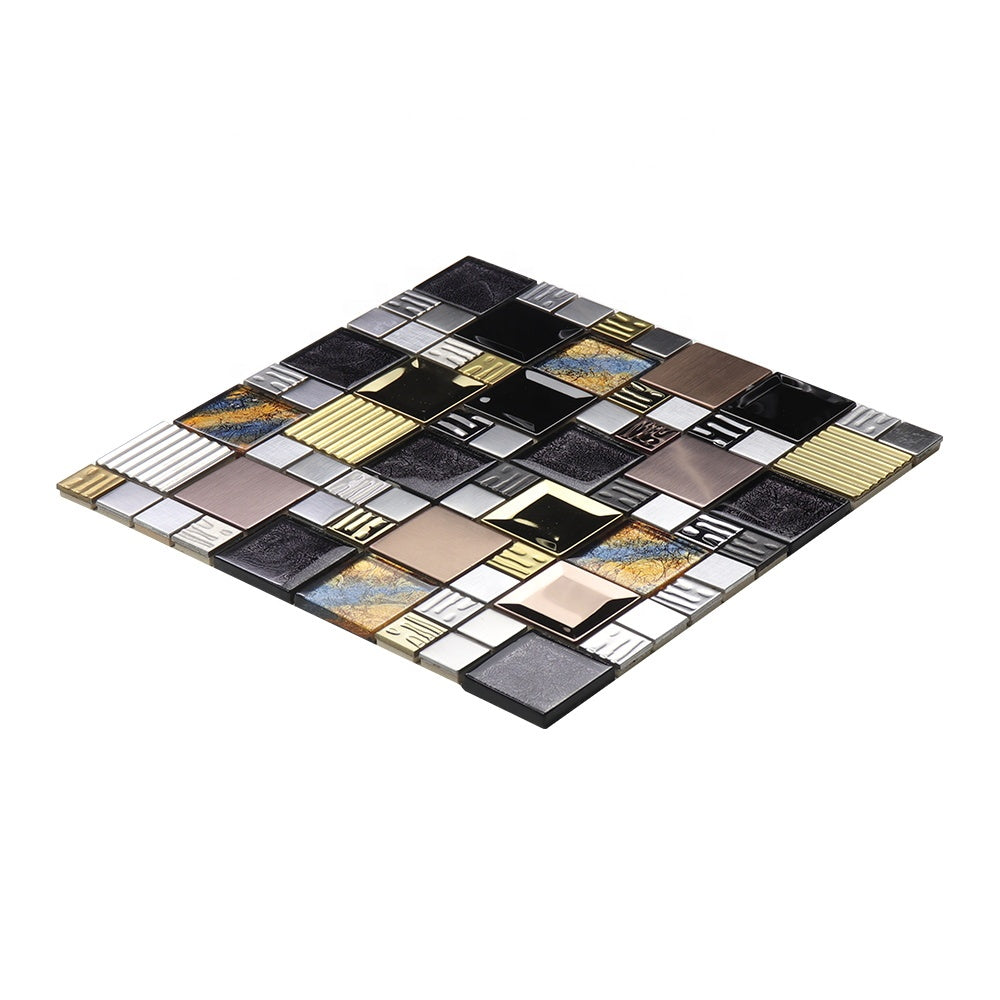 Gạch mosaic thủy tinh ốp tường bếp và tường sảnh, hỗn hợp kính lấp lánh màu, kim loại vàng và thép không gỉ