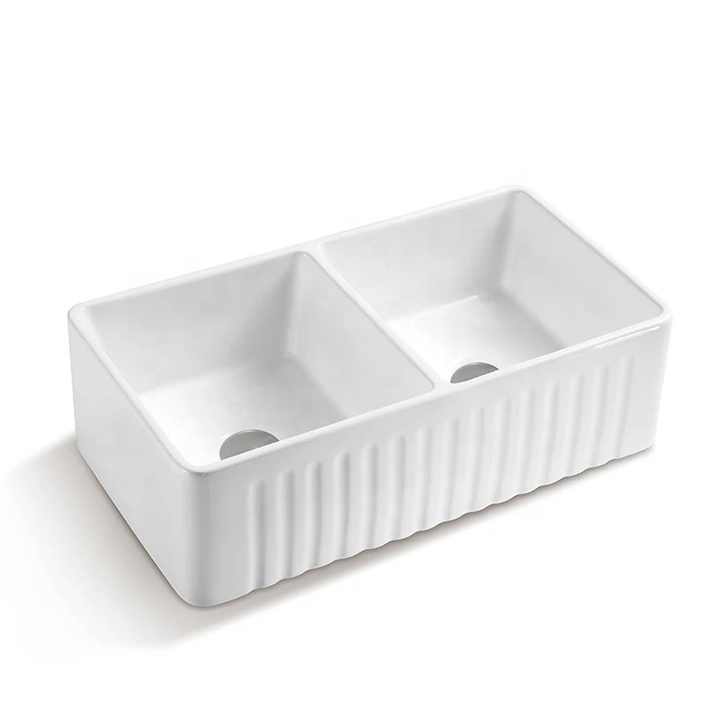 Bồn rửa chén bát đôi lớn Aquacubic UPC 33 inch bằng gốm sứ trắng
