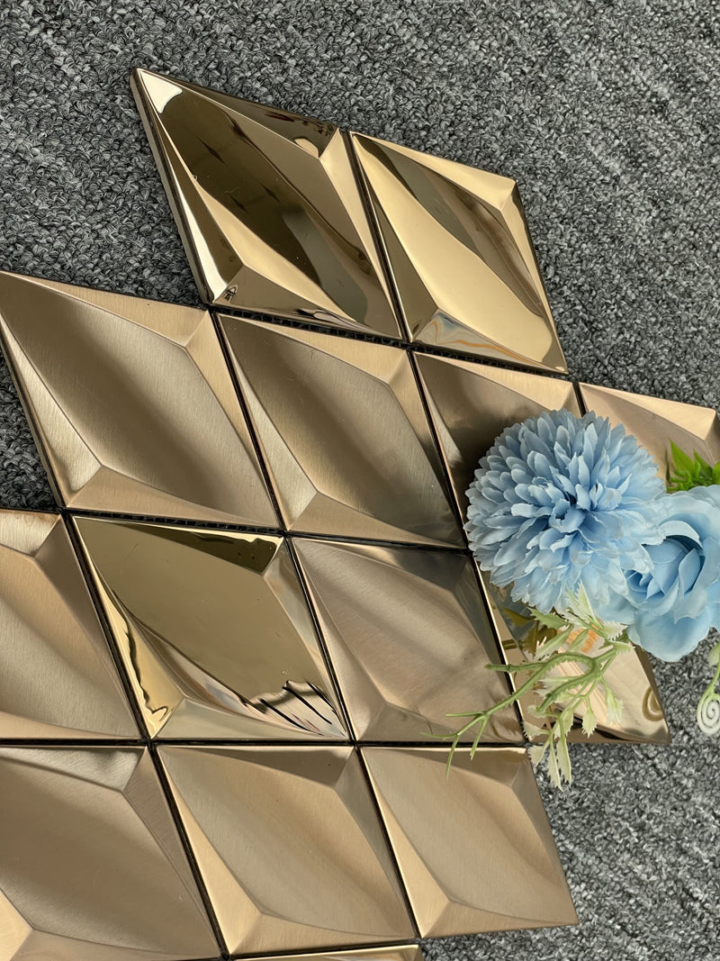 Gạch Mosaic Kim Loại Vàng Hồng Kim Cương Lõm Họa Tiết Vuông, Dùng Cho Tường Nền Trang Trí KTV, Quán Bar, Khách Sạn