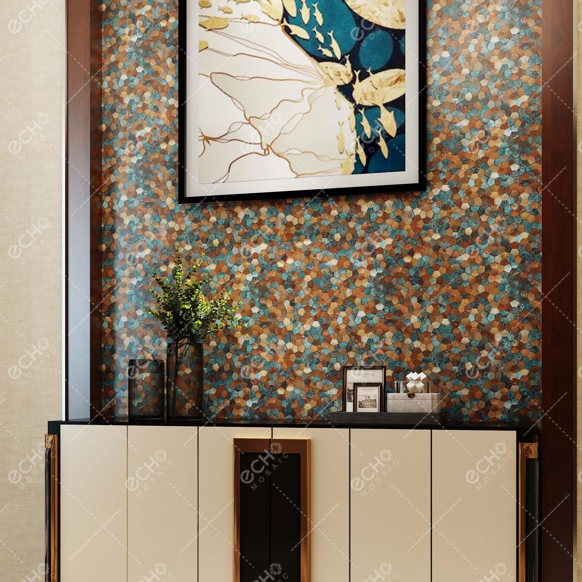 Gạch Mosaic Hợp Kim Nhôm Bóc Dán 3D Mini Ngũ Giác Bất Quy Tắc Đồng Thau Xanh Đồng Cổ Điển