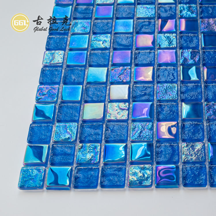 Gạch Mosaic Thủy Tinh Óng Ánh Xanh Dương Bóng Thiết Kế Vuông Dùng Cho Quầy Cà Phê, Tường, Trưng Bày Cửa Hàng Boutique Và Nội Thất