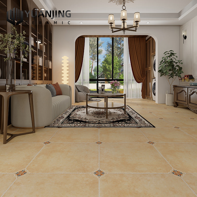 Gạch Rustic Đồng Quê Mỹ 600x600 Phong Cách Retro Cho Phòng Khách, Phòng Ăn, Có Họa Tiết Hoa Góc, Chống Trượt