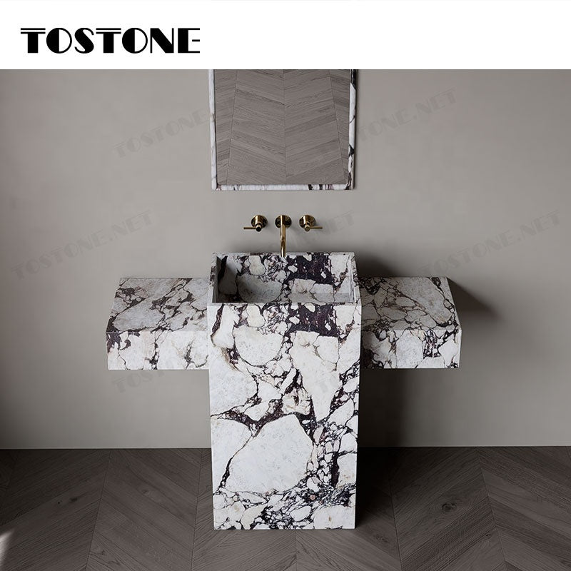 Mặt bàn lavabo phòng tắm đứng độc lập Tostone bằng đá cẩm thạch Calacatta Viola tự nhiên, bề mặt mài, phong cách, dùng trang trí bồn rửa mặt gia đình.