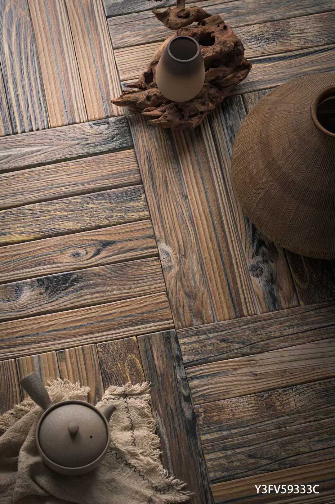 Gạch lát nền gốm họa tiết xương cá vân gỗ màu xám giả cổ cao cấp