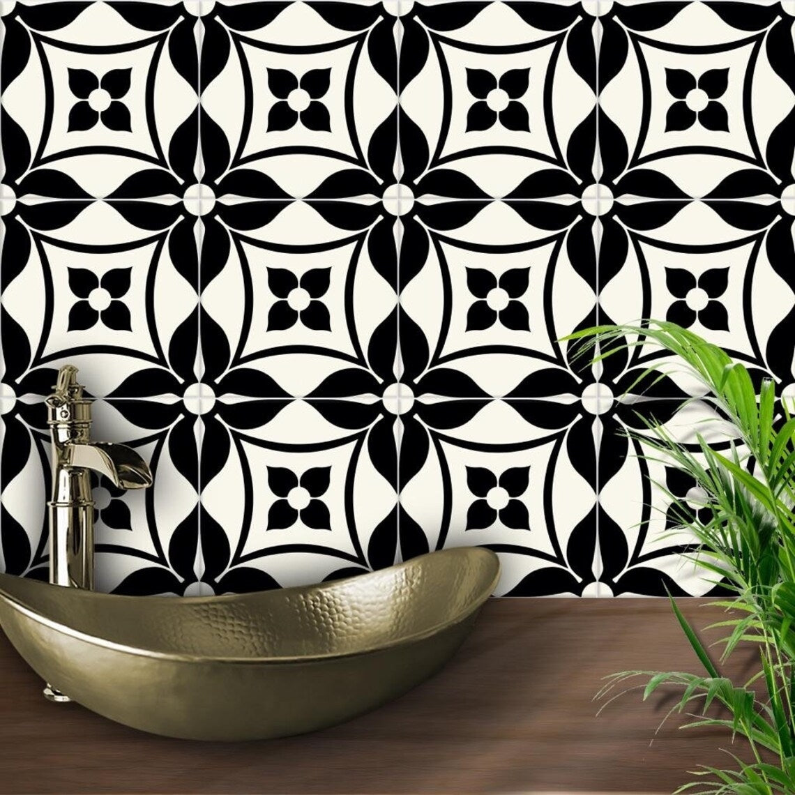 Sản phẩm tên: Gạch viền tường nhà bếp & phòng tắm họa tiết hoa đen trắng hiện đại chất lượng cao