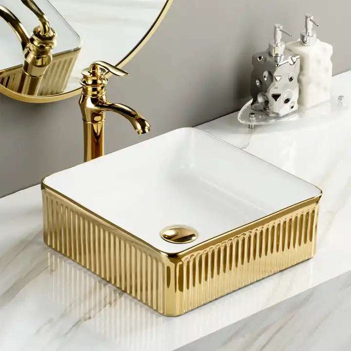 Bồn rửa mặt bằng gốm sứ cao cấp màu vàng cho phòng tắm, chậu rửa tay n – Daisan Store
