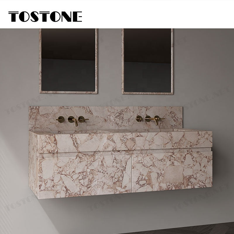 Tostone Mặt bàn trang điểm phòng tắm gắn tường bằng đá cẩm thạch Calacatta Hồng tự nhiên chống thấm nước bền bỉ dành cho phòng vệ sinh nhỏ nội thất tùy chỉnh
