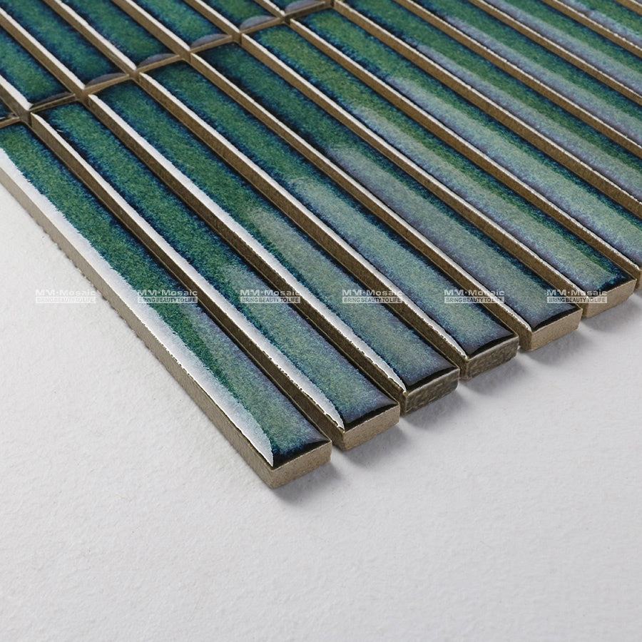 Gạch Mosaic Dạng Ngón Tay Trang Trí Men Sứ Màu Xanh Đậm Kiểu Xếp Mạch Thẳng 15x145mm Ốp Tường Phòng Tắm Cao Cấp Hiện Đại