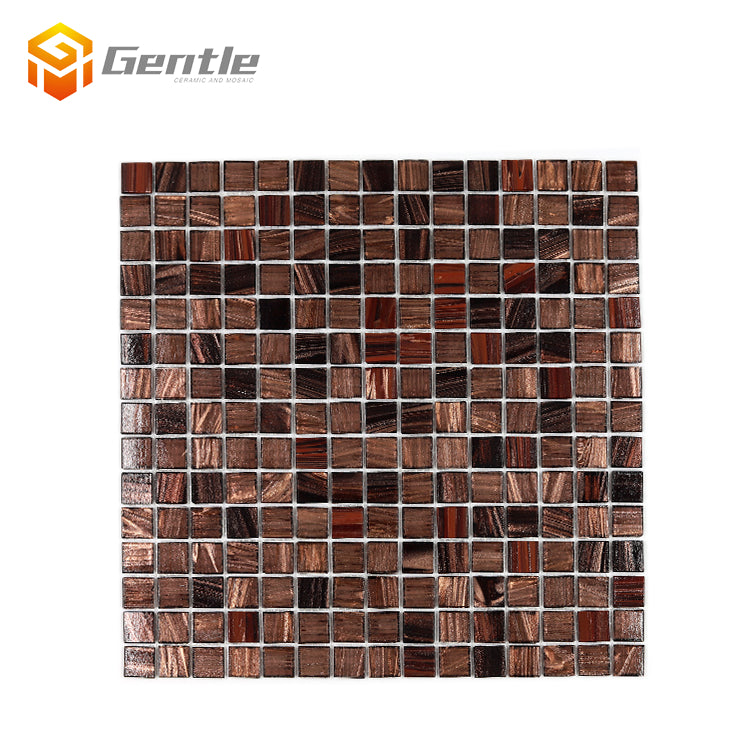 Gạch mosaic thủy tinh bóng màu nâu pha tối, viên vuông 20x20x4mm, tấm vuông 327x327mm, dán nóng chảy, dùng cho phòng tắm.
