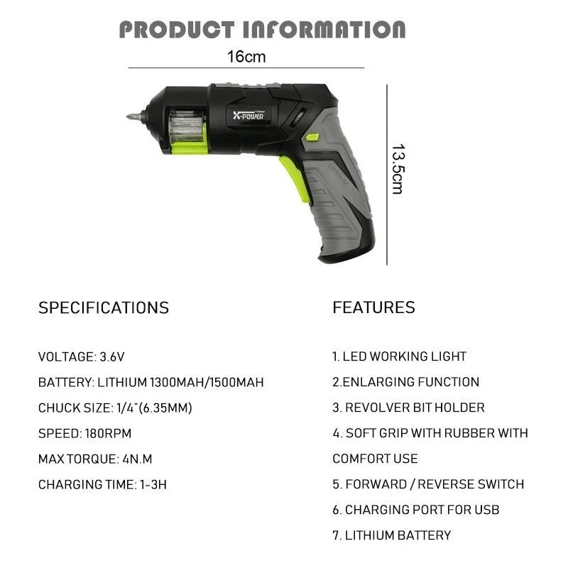 Súng Vít Mini Không Dây Pistol Có Đèn Led Pin Lithium 7 Bộ