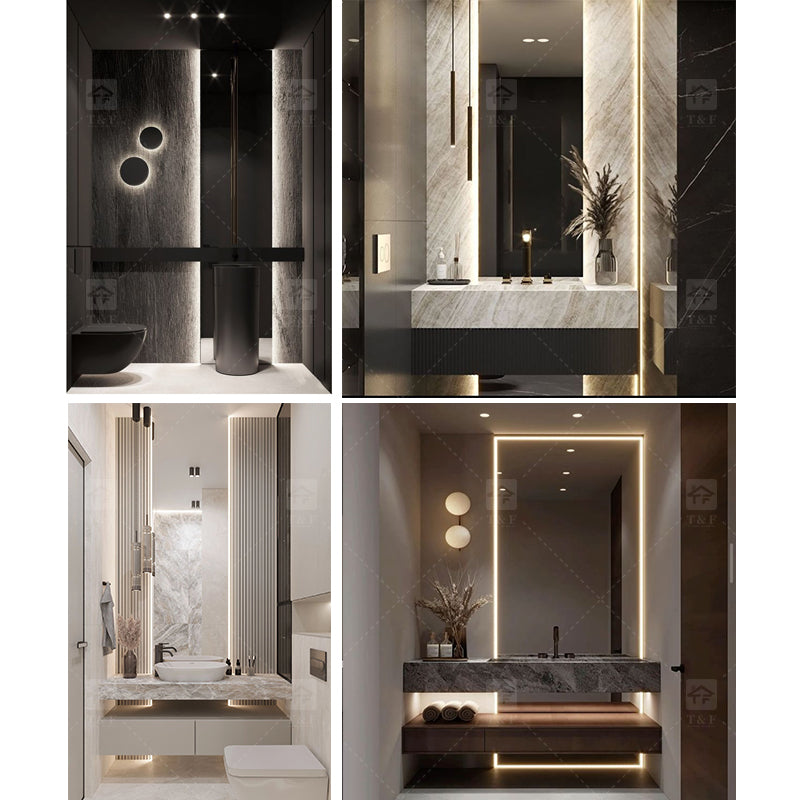 Tủ Lavabo Phòng Tắm Gỗ Treo Tường Tùy Chỉnh Hiện Đại Sang Trọng Kiểu Khách Sạn với Mặt Đá Nung Kết và Gương LED Thông Minh