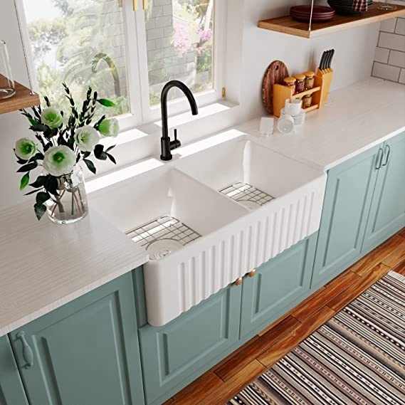 Bồn rửa bát Farmhouse đôi màu trắng 33&quot; LX 18&quot; W có mặt trước bằng sứ