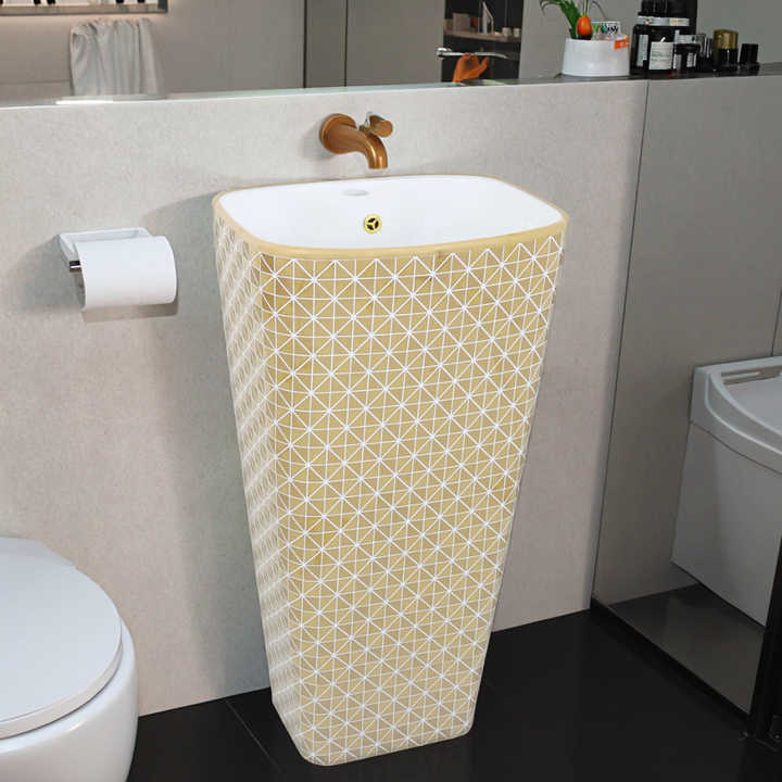 Chậu rửa mặt lavabo bằng gốm sứ cao cấp mạ vàng sang trọng gắn sàn phòng tắm cho gia đình và khách sạn