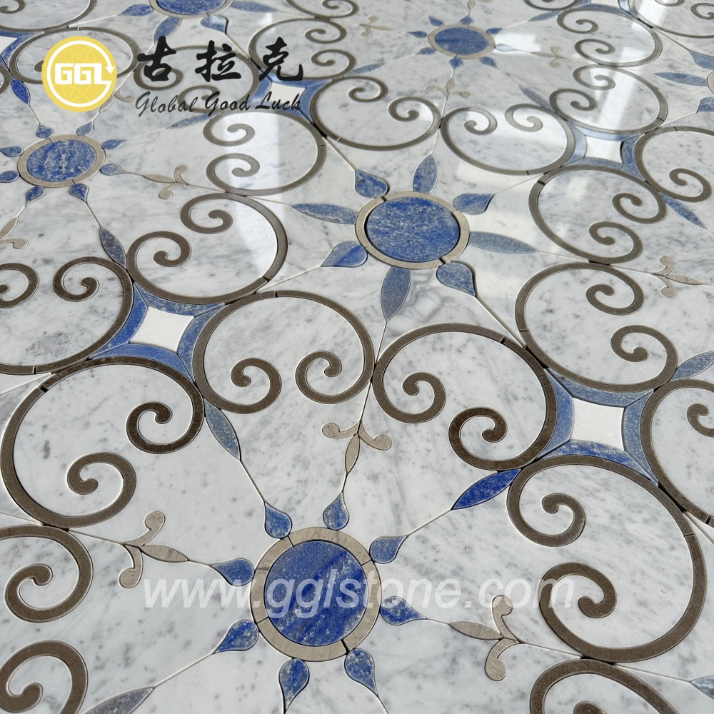 Gạch Mosaic Trắng Carrara Hình Cắt Tia Nước Hiện Đại Với Họa Tiết Hoa Dùng Trang Trí Phòng Ngủ, Nhà Bếp & Phòng Tắm