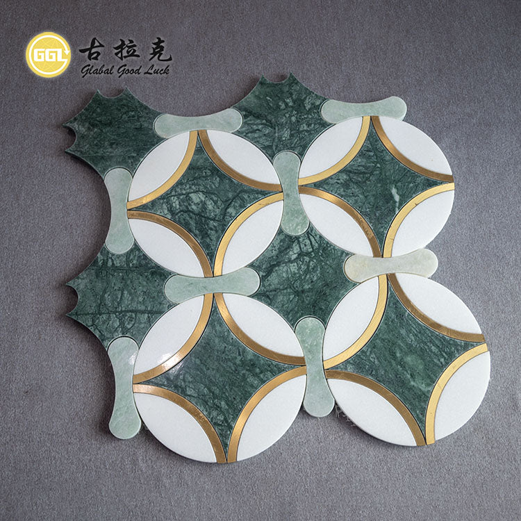 Gạch Mosaic Cắt Tia Nước Đá Cẩm Thạch Thassos Trắng Và Verde Affai Kết Hợp Đồng Thau Dùng Cho Trang Trí Nội Thất