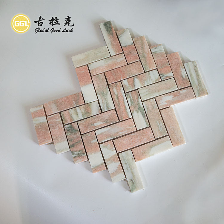 Gạch Mosaic Đá Cẩm Thạch Tự Nhiên Rosso Norwegine Họa Tiết Xương Cá 10mm Trang Trí Tường Sàn cho Phòng Khách, Phòng Ngủ, Nhà Bếp, Khách Sạn