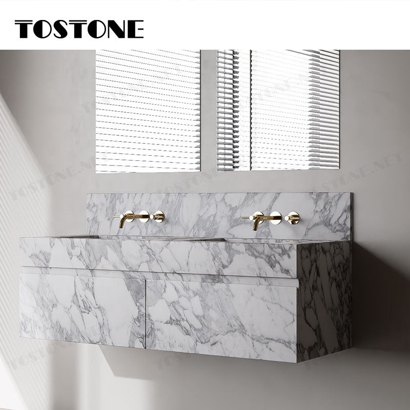 Tostone Mặt bàn lavabo phòng tắm gắn tường bằng đá cẩm thạch Arabescato Corchia tự nhiên sang trọng dành cho phòng vệ sinh nhỏ, thiết kế nội thất tùy chỉnh