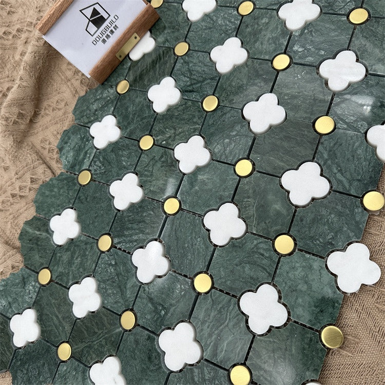 Gạch mosaic tia nước bền bỉ, chạm khắc thủ công từ đá cẩm thạch ngọc bích xanh và vỏ sò pha trộn, dành cho không gian nhà ở và thương mại cao cấp