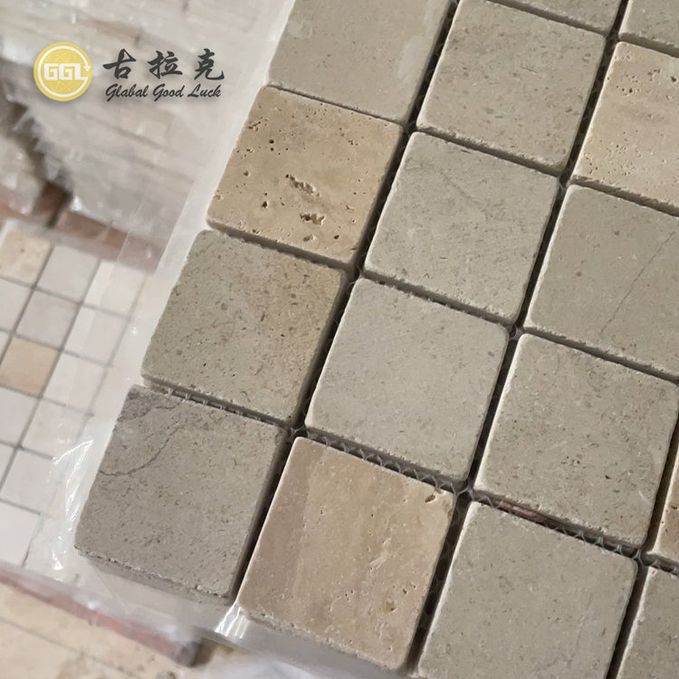Đại hạ giá Gạch mosaic đá Travertine màu be cổ điển hình vuông để trang trí ngoài trời