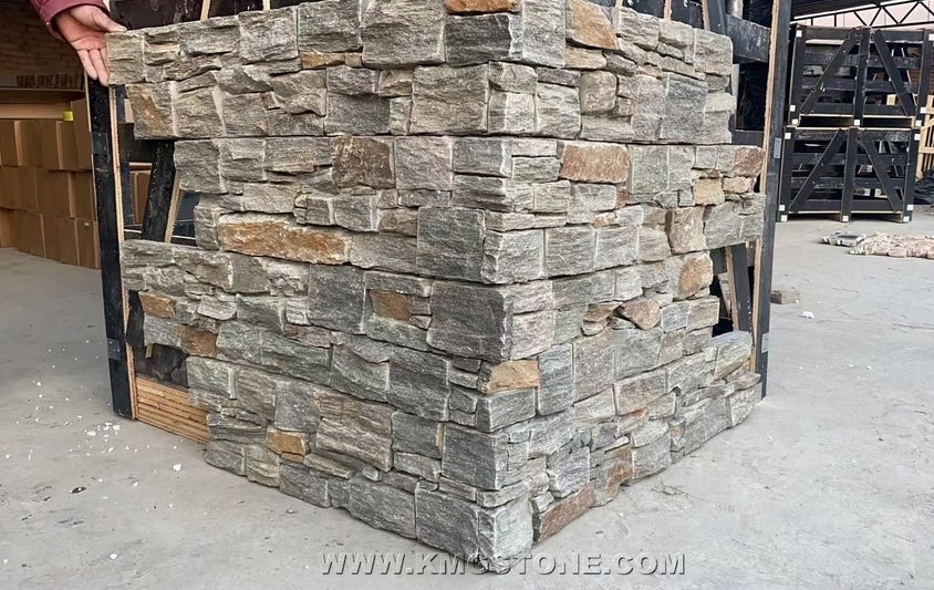 Gạch ốp tường ngoại thất biệt thự khách sạn bằng đá phiến vôi bền, thiết kế thạch anh xanh hiện đại bề mặt chẻ tự nhiên