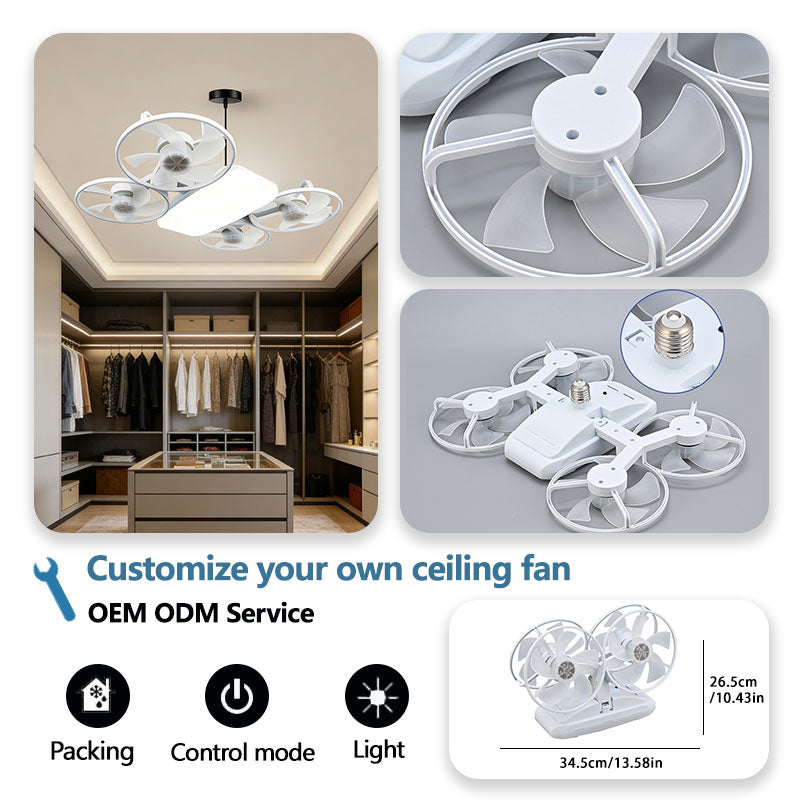 Quạt trần đèn LED hiện đại, điều khiển từ xa, điều chỉnh 3 tốc độ, 4 cánh, kiểu drone, gắn vít, bố cục Agi32