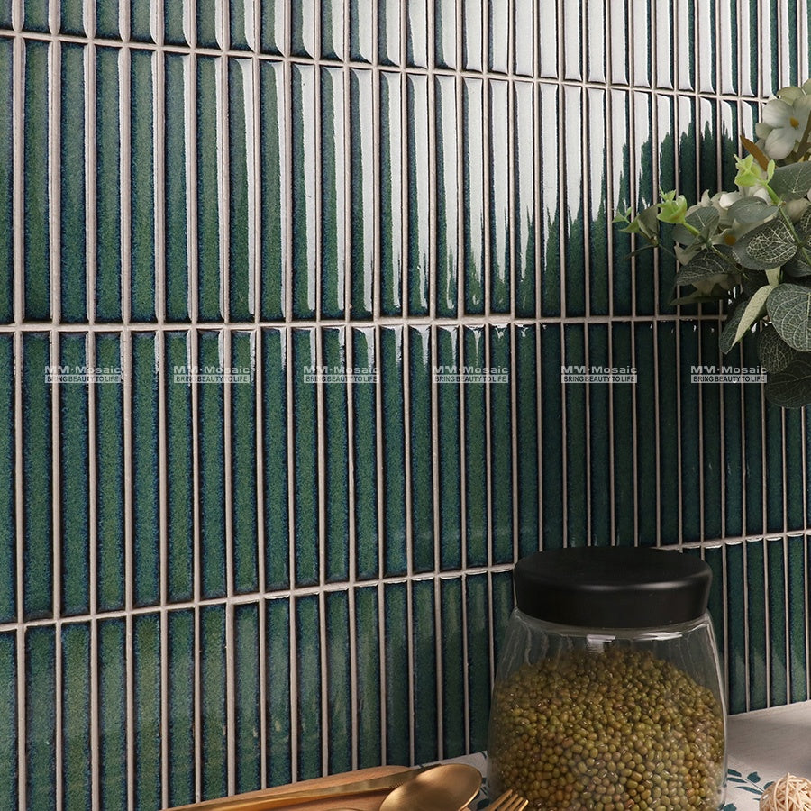 Gạch Mosaic Dạng Ngón Tay Trang Trí Men Sứ Màu Xanh Đậm Kiểu Xếp Mạch Thẳng 15x145mm Ốp Tường Phòng Tắm Cao Cấp Hiện Đại