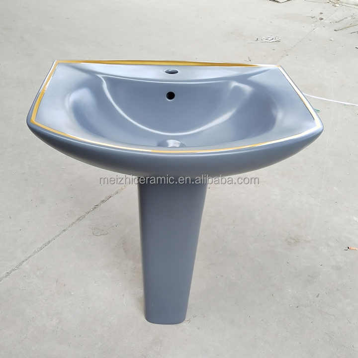 Chậu rửa mặt chân đế bằng gốm màu xám mờ và vàng