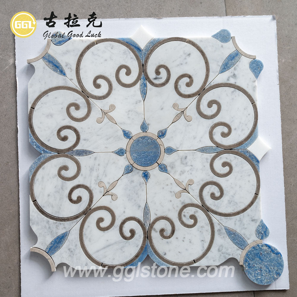 Gạch Mosaic Trắng Carrara Hình Cắt Tia Nước Hiện Đại Với Họa Tiết Hoa Dùng Trang Trí Phòng Ngủ, Nhà Bếp & Phòng Tắm