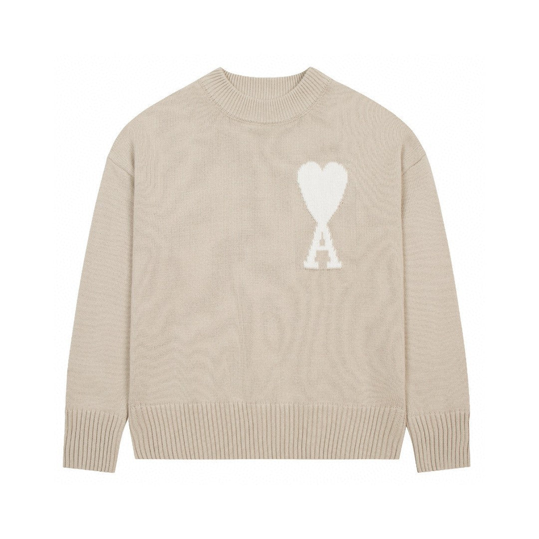 Áo len cổ tròn Ami dành cho nam, dệt họa tiết chữ tình yêu, phong cách streetwear, có logo phía trước, phổ biến khi mặc đôi.
