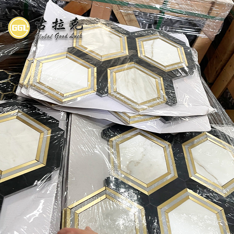 Cung cấp từ nhà máy Gạch mosaic hình lục giác đá cẩm thạch trắng Calacatta phối đồng dùng để trang trí nội thất