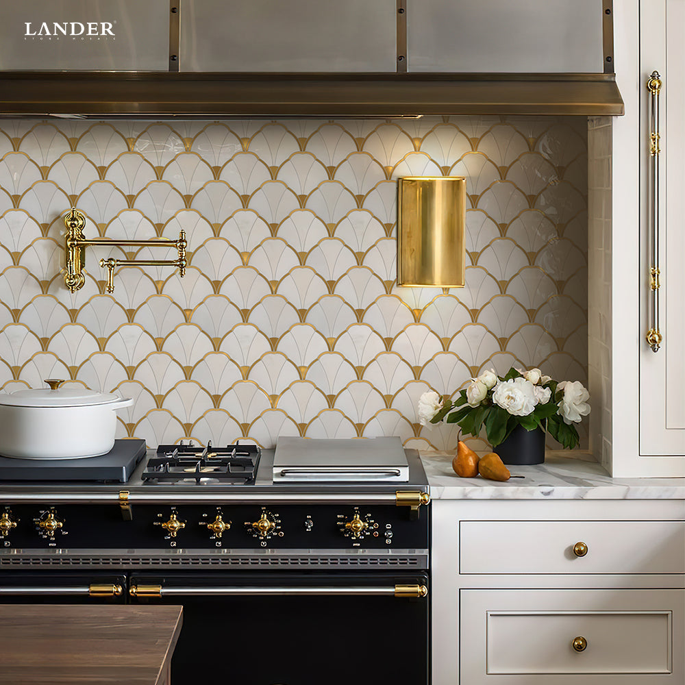 Lander Stone Thiết kế mới Gạch ốp tường mosaic đá cẩm thạch tự nhiên cắt bằng tia nước dùng cho Phòng tắm, Phòng khách