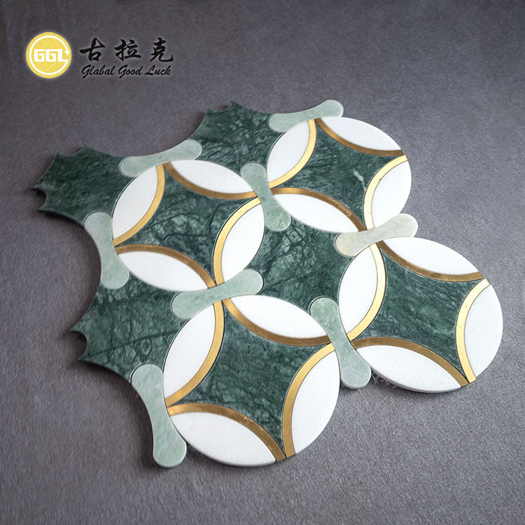 Gạch Mosaic Cắt Tia Nước Đá Cẩm Thạch Thassos Trắng Và Verde Affai Kết Hợp Đồng Thau Dùng Cho Trang Trí Nội Thất