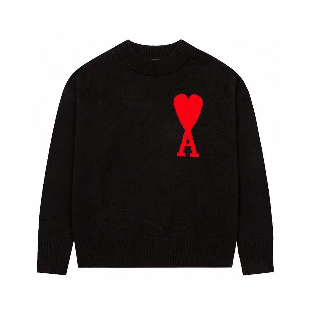 Áo len cổ tròn Ami dành cho nam, dệt họa tiết chữ tình yêu, phong cách streetwear, có logo phía trước, phổ biến khi mặc đôi.