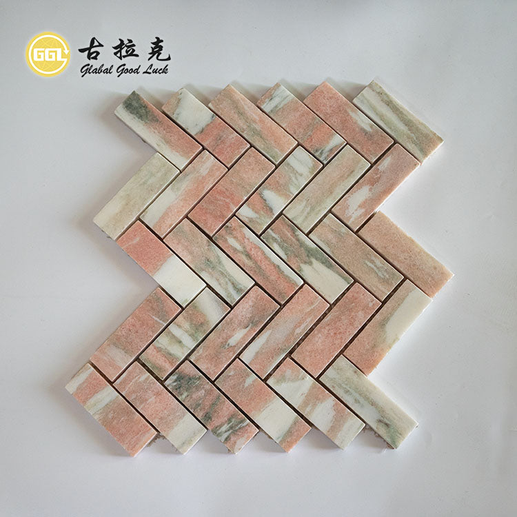 Gạch Mosaic Đá Cẩm Thạch Tự Nhiên Rosso Norwegine Họa Tiết Xương Cá 10mm Trang Trí Tường Sàn cho Phòng Khách, Phòng Ngủ, Nhà Bếp, Khách Sạn