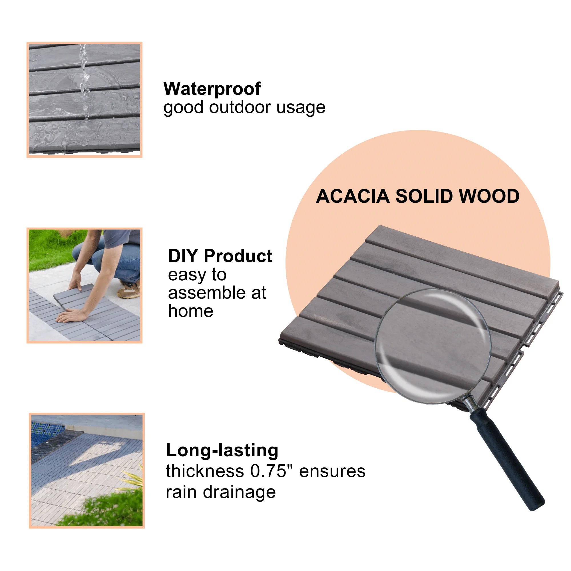 DB 10 PCS Light Gray Acacia Hardwood Interlocking Deck Tiles 12\" X 12\" Striped Pattern for Outdoor Patio Flooring