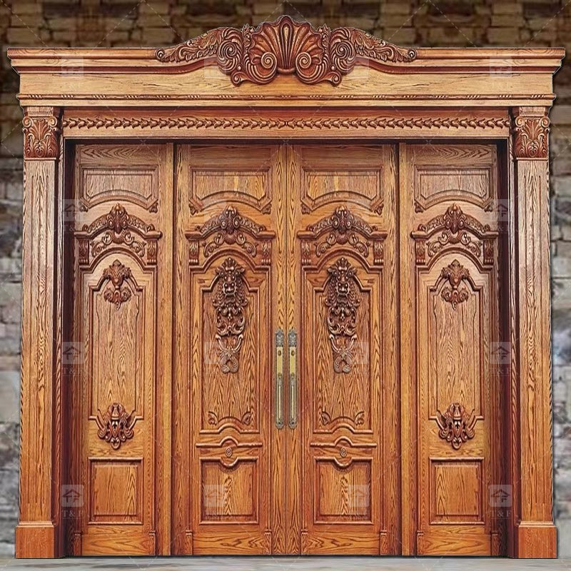 Cửa chính đôi gỗ hiện đại chạm khắc gỗ nguyên khối, chống thấm nước, dùng cho ngoại thất đã hoàn thiện.