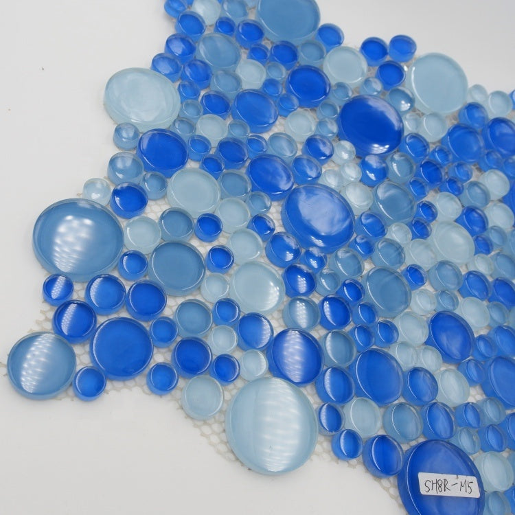 Gạch Goodluck Mosaic kính pha lê hình bong bóng tròn phong cách hiện đại, xanh dương đậm nhạt pha trộn, cho hồ bơi, phòng tắm, nhà bếp, khách sạn.