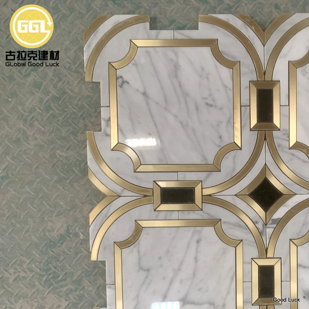 Gạch Mosaic Đá Cẩm Thạch Trắng Calacatta Pha Chỉ Đồng Thiết Kế Hiện Đại