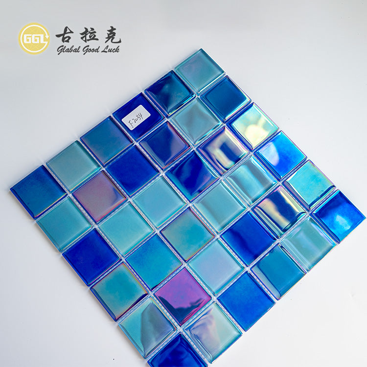 Gạch Mosaic Thủy Tinh Xanh Dương Óng Ánh Lấp Lánh Hình Vuông Bề Mặt Bóng Lý Tưởng Để Trang Trí Tường Khách Sạn Khu Vực Hồ Bơi