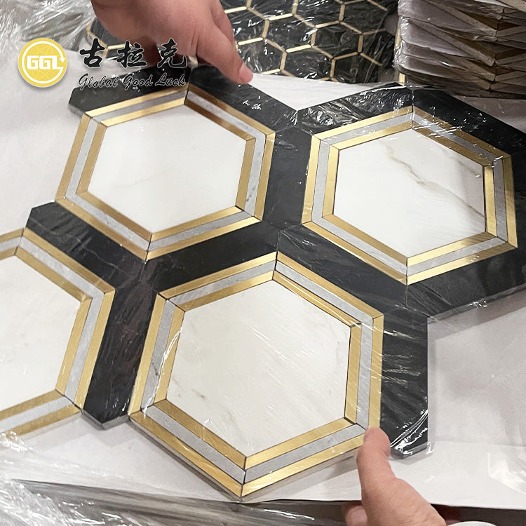 Cung cấp từ nhà máy Gạch mosaic hình lục giác đá cẩm thạch trắng Calacatta phối đồng dùng để trang trí nội thất