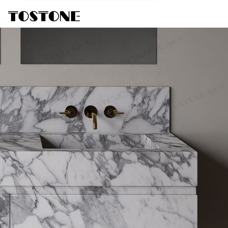 Tostone Mặt bàn lavabo phòng tắm gắn tường bằng đá cẩm thạch Arabescato Corchia tự nhiên sang trọng