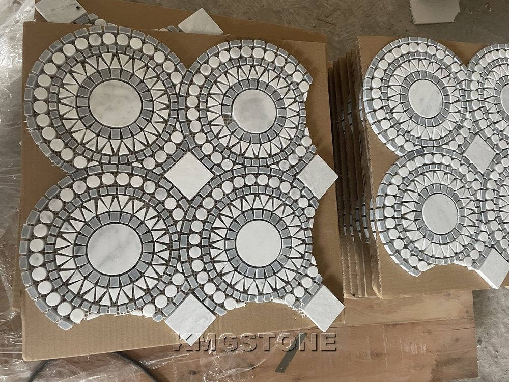 Soulscrafts Gạch Mosaic Đá Cẩm Thạch Carrara Hình Tròn Đồng Xu Màu Trắng Hiện Đại và Tấm Đá Dolomite Đánh Bóng