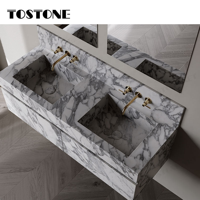 Tostone Mặt bàn lavabo phòng tắm gắn tường bằng đá cẩm thạch Arabescato Corchia tự nhiên sang trọng