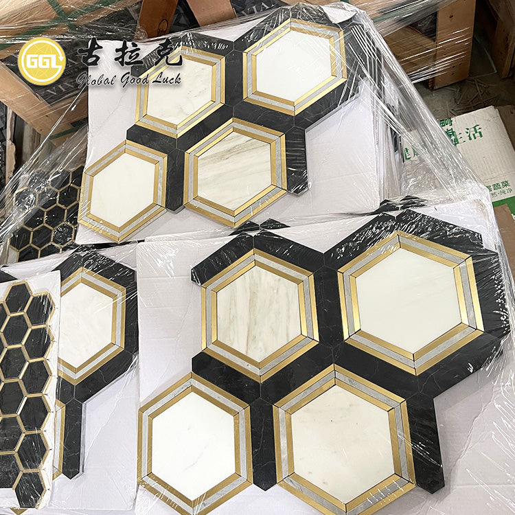 Cung cấp từ nhà máy Gạch mosaic hình lục giác đá cẩm thạch trắng Calacatta phối đồng dùng để trang trí nội thất