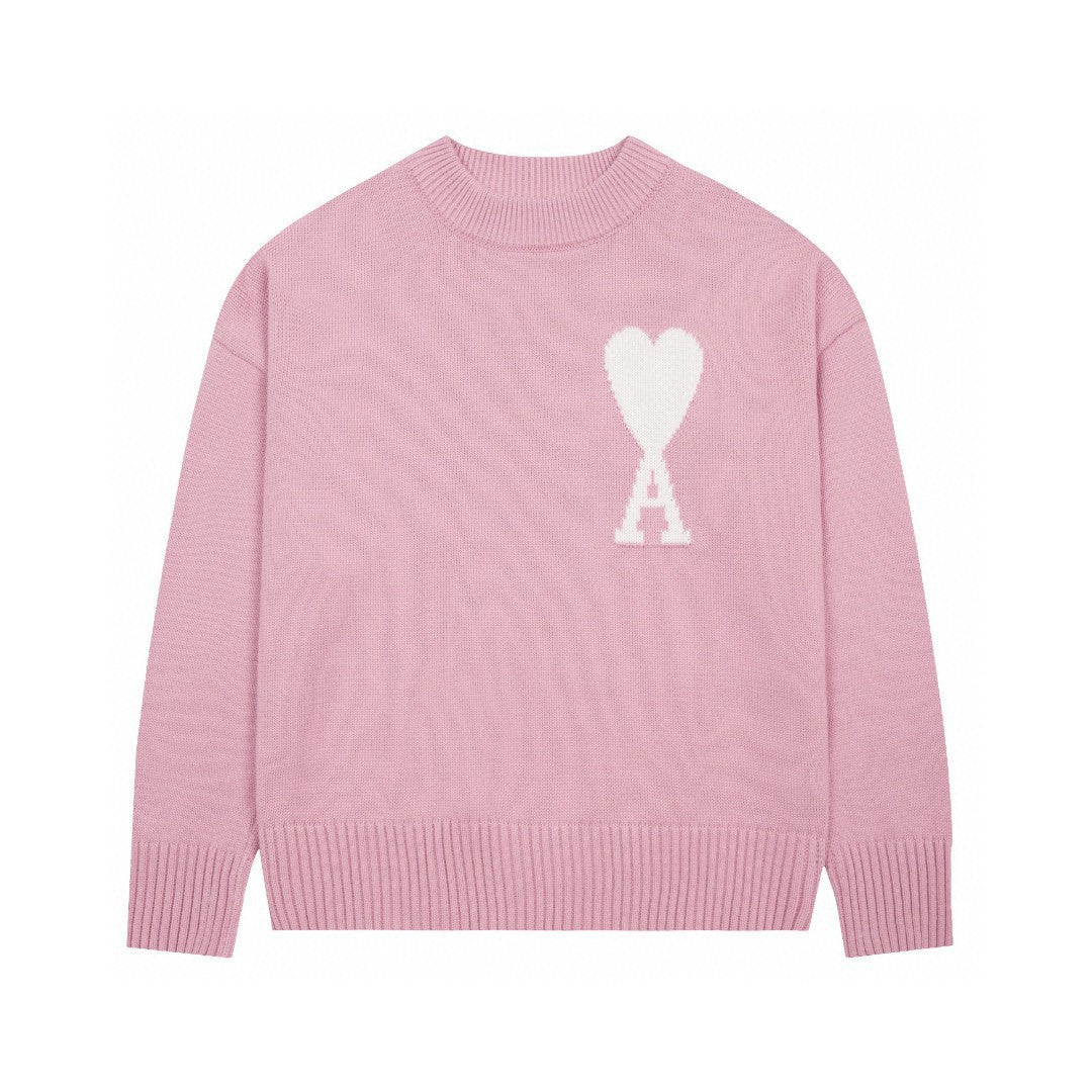 Áo len cổ tròn Ami dành cho nam, dệt họa tiết chữ tình yêu, phong cách streetwear, có logo phía trước, phổ biến khi mặc đôi.