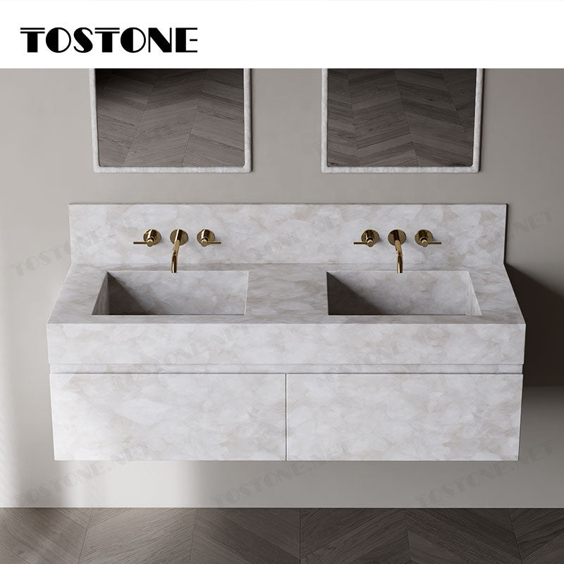 Tostone Mặt bàn lavabo phòng tắm gắn tường bằng đá thạch anh trắng tinh thể tự nhiên, chống thấm nước, bền bỉ, dành cho phòng vệ sinh, nội thất tùy chỉnh.