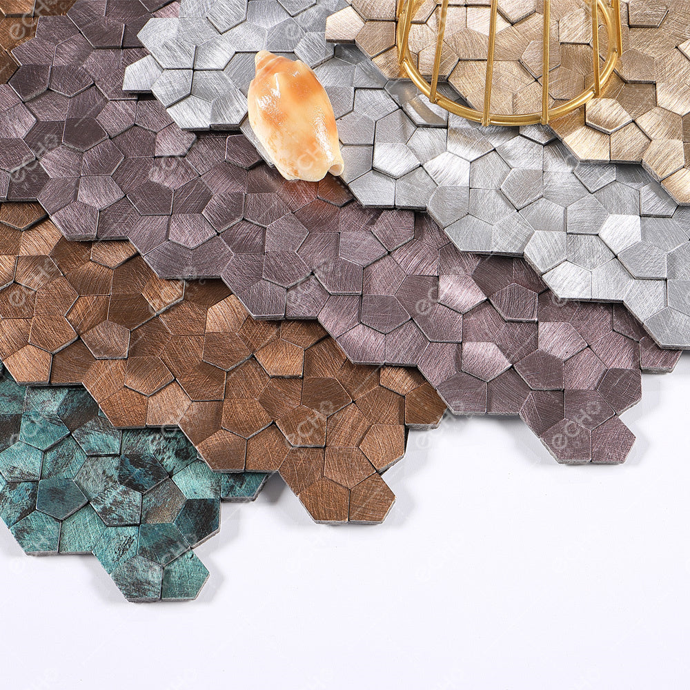 Gạch Mosaic Hợp Kim Nhôm Bóc Dán 3D Mini Ngũ Giác Bất Quy Tắc Đồng Thau Xanh Đồng Cổ Điển