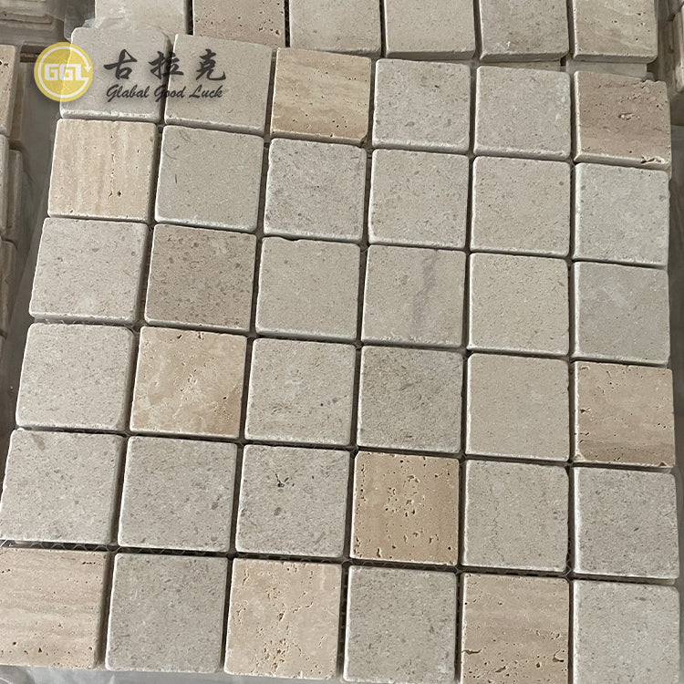 Đại hạ giá Gạch mosaic đá Travertine màu be cổ điển hình vuông để trang trí ngoài trời